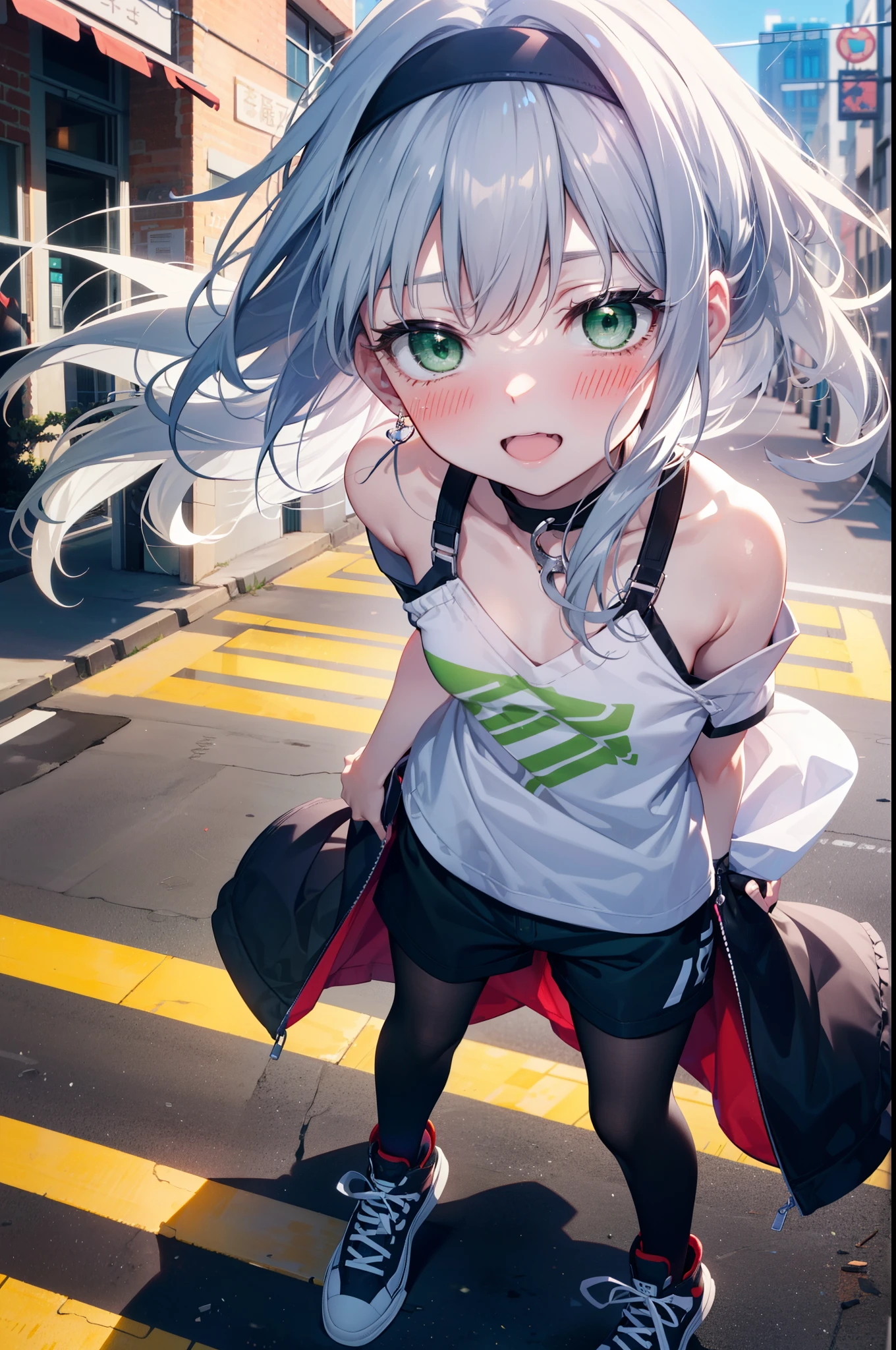index, index, (Green Eyes:1.5), Silver Hair, Long Hair, (Flat Chest:1.2),happy smile, smile, Open your mouth,blush,hair band,Cordo shoulder top,Short sleeve,Shorts,Black tights,High-top sneakers,Daytime,Clear skies,whole bodyがイラストに入るように,Walking,
break looking at viewer, whole body,
break outdoors, In town,Building district,
break (masterpiece:1.2), highest quality, High resolution, unity 8k wallpaper, (figure:0.8), (Beautiful fine details:1.6), Highly detailed face, Perfect lighting, Highly detailed CG, (Perfect hands, Perfect Anatomy),