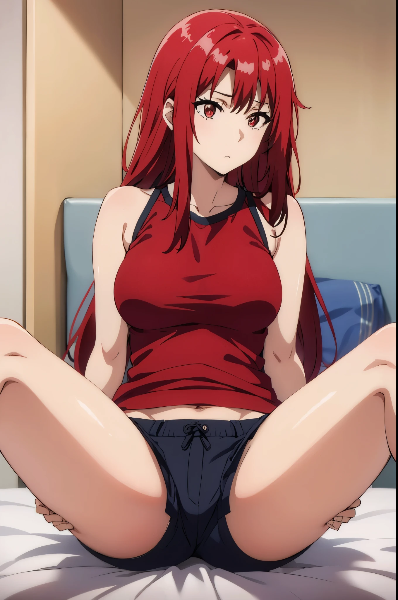 red hair,red eyes((white top-tank,black shorts)),sitting on the bed, ((split legs))