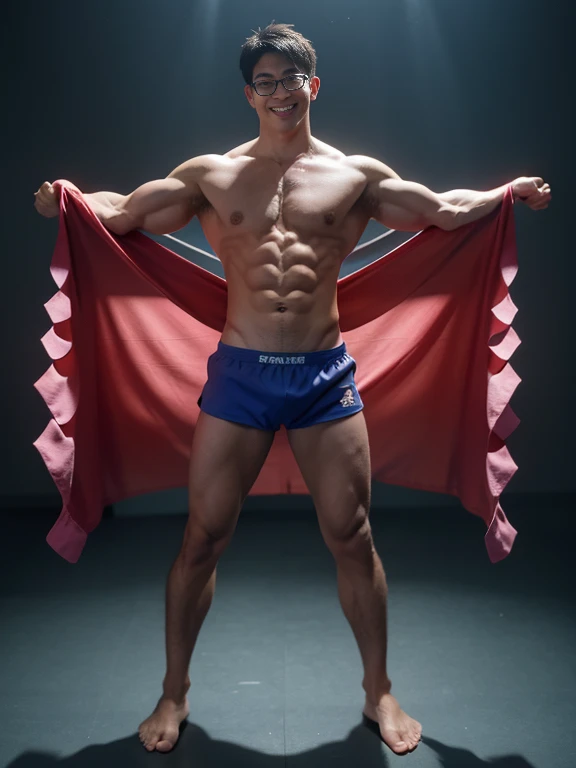 1 man, smile, full body, (Wearing a sexy bikini underwear), mascular, standing, spread legs, shirtless, lifted arms, Korean people , korean men, (high glossy details), chest muscles, large arm muscles, blood vessels, big muscles, Broad shoulders, looking at the audience, Balancing the eyes, (Wear glasses), The background is a beach.