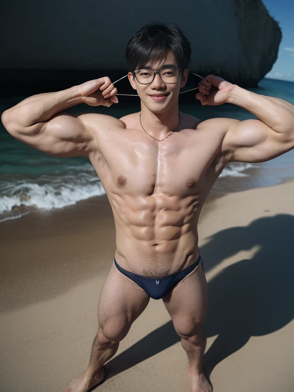 1 man, smile, full body, (Wearing a sexy bikini underwear), mascular, standing, spread legs, shirtless, lifted arms, Korean people , korean men, (high glossy details), chest muscles, large arm muscles, blood vessels, big muscles, Broad shoulders, looking at the audience, Balancing the eyes, (Wear glasses), The background is a beach.
