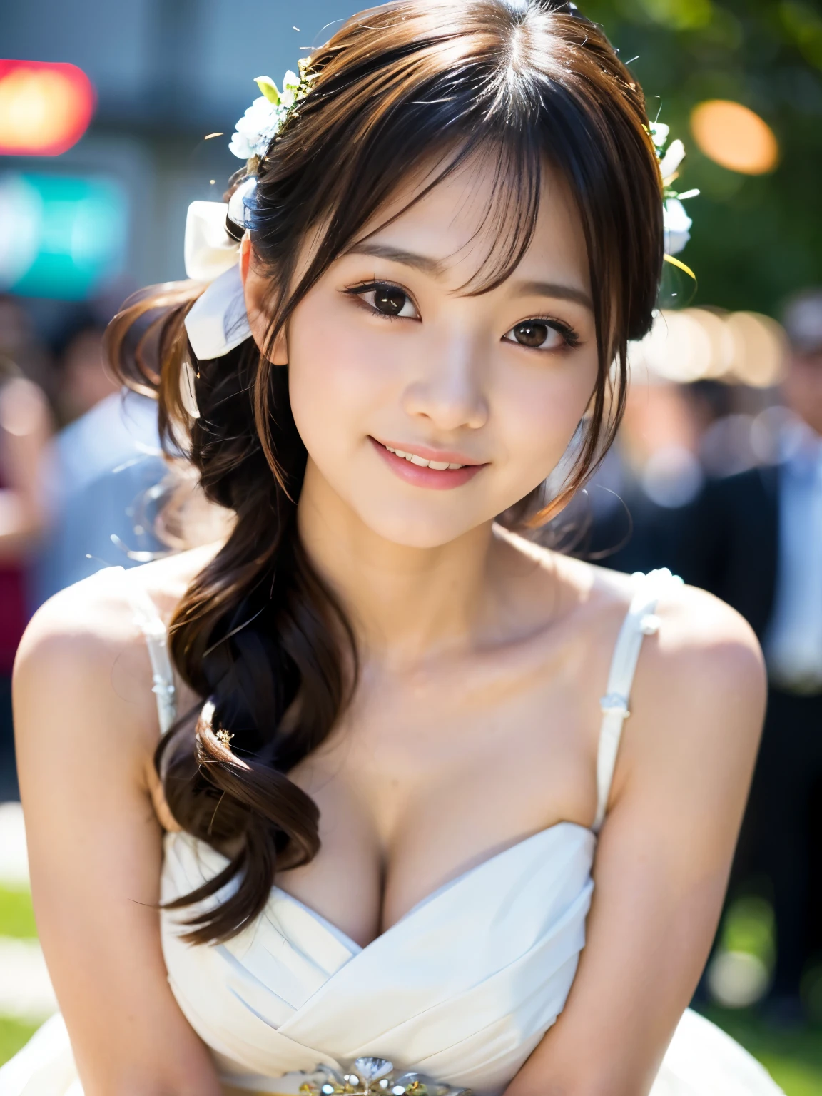 ((Best-quality, Masterpiece, Ultra-High-Resolution, (Photorealistic:1.4), Raw Photo, depth of field, professional lighting, perfect anatomy, extremely details, perfect face, perfect hair)), 1girl, 12-years-old, the most famous Japanese idol, having a lot of fun at wedding party, (wearing evening gown with cute-design), (extremely cute face like the most popular Japanese idol, ((extremely cute and extremely big eyes)), extremely cute hair, extremely beautiful skins, extremely cute long-eyelashes, extremely cute lips), looking at viewer, innocent smile, dynamic pose, detailed wedding-party