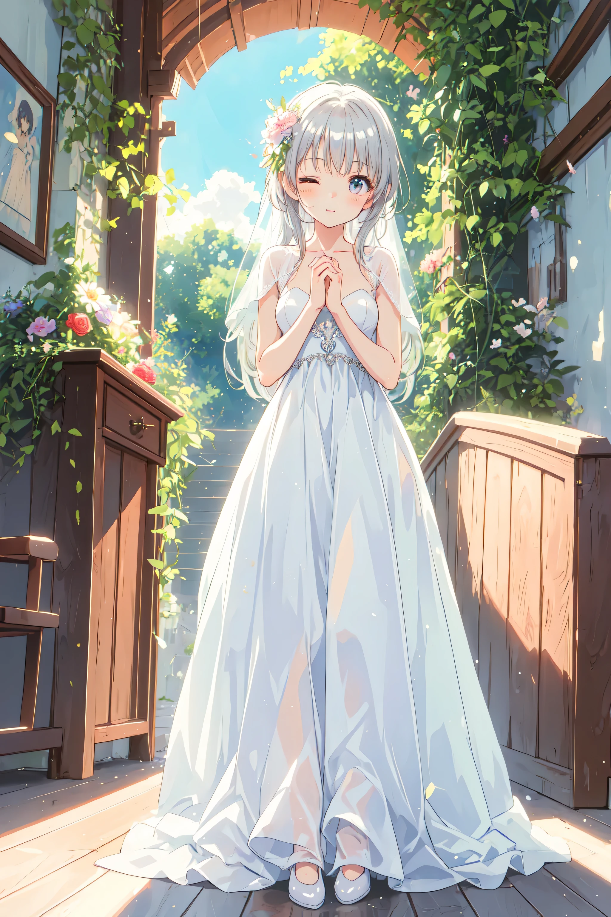((highest quality)), ((masterpiece)), (detailed), Perfect Face ,masterpiece, best quality, extremely detailed, anime, 1girl, silver hair, 8K, longhair,colorful,Wedding dress,small breast,perfect face, moe, kawaii,cute,dress,spectacular view, full body, own hands clasped, day,eyes closed,church