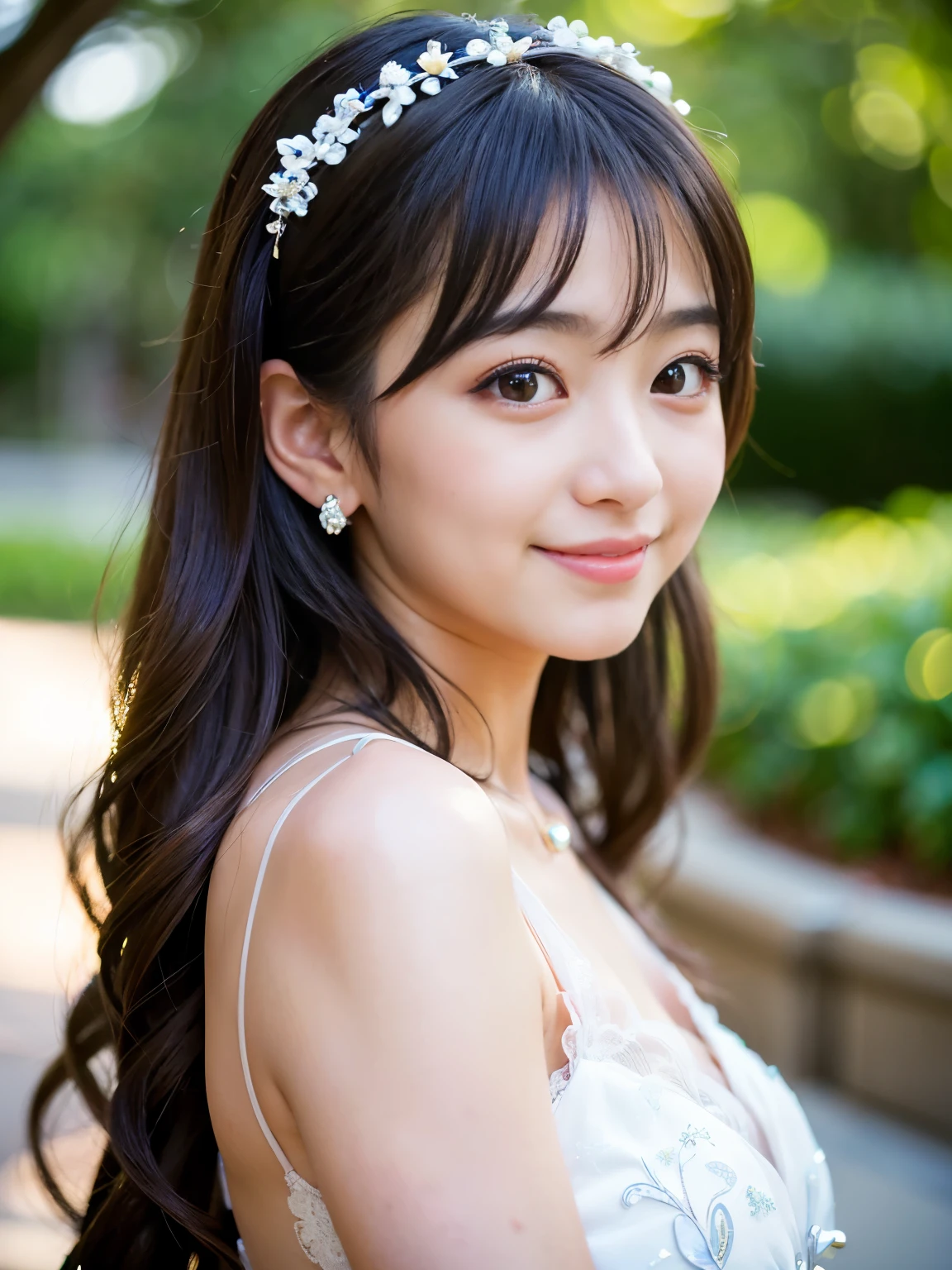 ((Best-quality, Masterpiece, Ultra-High-Resolution, (Photorealistic:1.4), Raw Photo, depth of field, professional lighting, perfect anatomy, extremely details, perfect face, perfect hair)), 1girl, 12-years-old, the most famous Japanese idol, having a lot of fun at wedding party, (wearing evening gown with cute-design), (extremely cute face like the most popular Japanese idol, ((extremely cute and extremely big eyes)), extremely cute hair, extremely beautiful skins, extremely cute long-eyelashes, extremely cute lips), looking at viewer, innocent smile, dynamic pose, detailed wedding-party