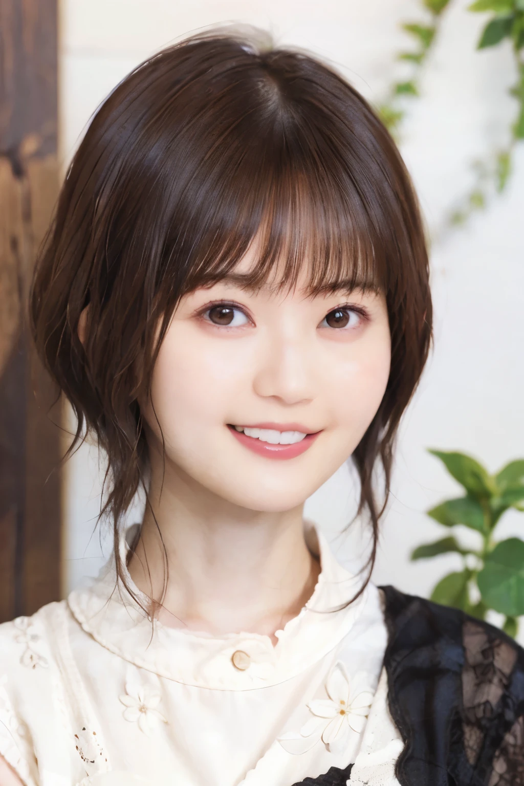 205 ((short hair)), 20 year old female, surrealism, Floral smile、Beautiful teeth alignment、Brown Hair