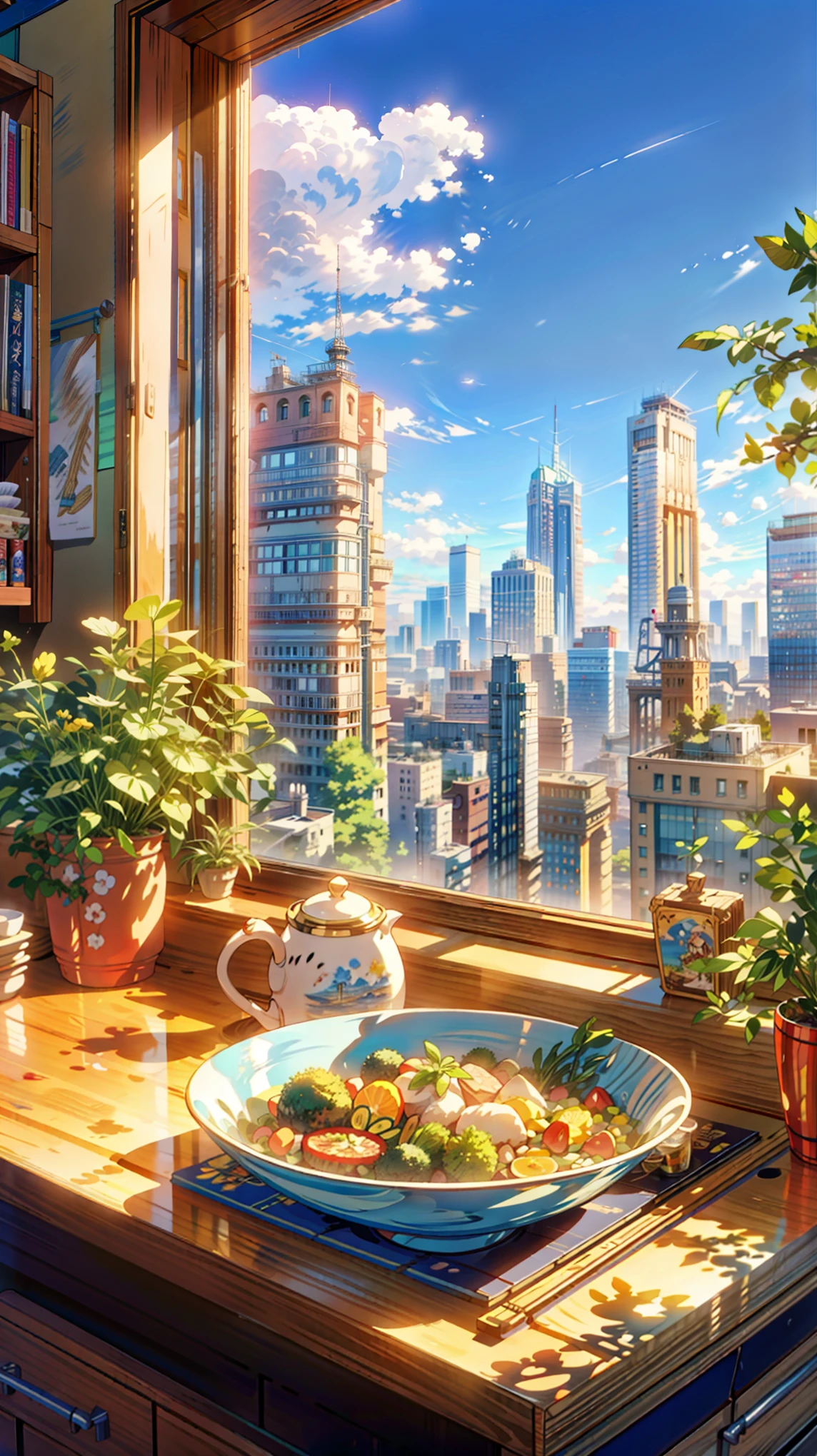 a painting of a bowl of food sitting on a counter in front of a window, hd anime cityscape, anime scenery, anime style cityscape, screenshot from a 2012s anime, cgsociety 9, anime scenery concept art, rio de janeiro in an anime film, still from anime, anime landscape, clean anime art, anime atmospheric, smooth anime cg art, anime background art, anime aesthetic, anime. by makoto shinkai, hd anime cityscape, anime scenery concept art, anime scenery, style of makoto shinkai, makoto shinkai art style, anime. by makoto shinkai, by Makoto Shinkai, by makoto shinkai, anime scenery, kyoto animation, 4k hd,, beautiful art uhd 4 k, a beautiful artwork illustration, beautiful digital painting, highly detailed digital painting, beautiful digital artwork, detailed painting 4 k, very detailed digital painting, rich picturesque colors, gorgeous digital painting, saturated, no human