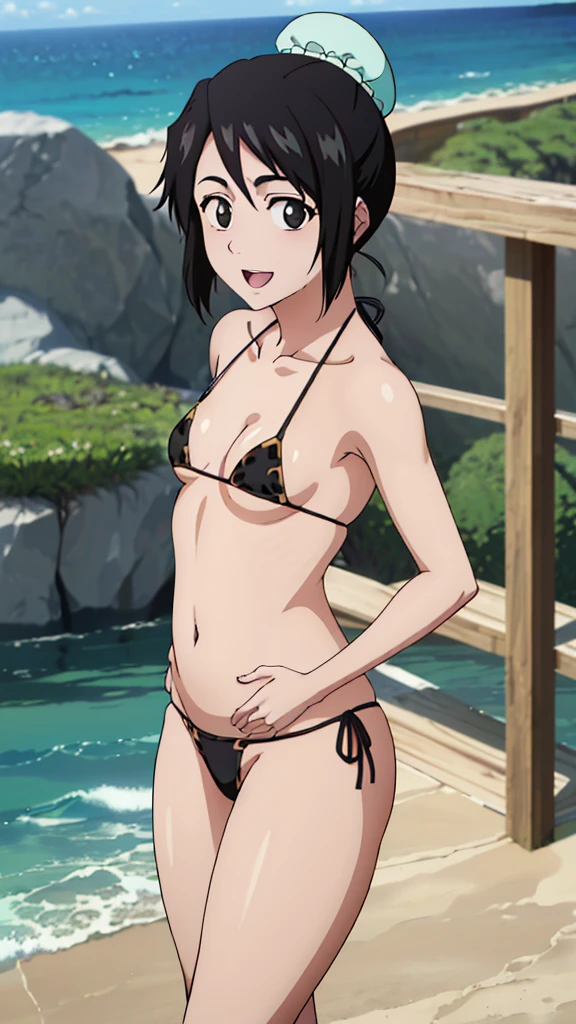 (masterpiece, 4K, highest quality, anime style: 1.9, Detailed face, Lovely, Ocean,Bold Line, High resolution, anime, Lake 4. alone, Curvaceous, Thighs, Cleavage, Mid-chest, smile, Please open your mouth wide, Very slim belly, Cowboy Shot, (Leopard print bikini),1 girl、Shinamori type, Black Hair, Hair Bun, single Hair Bun, Good cover, short hair, (black eye:1.5),Shinamori type,BLEACHanime風,(((Petite,Small breasts)))