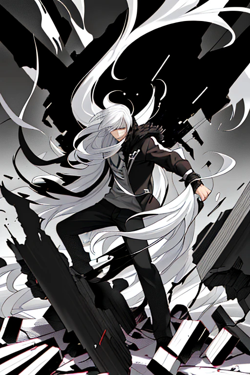 Boy, with long hair, with white hair, black and white, destruction, 4K quality.