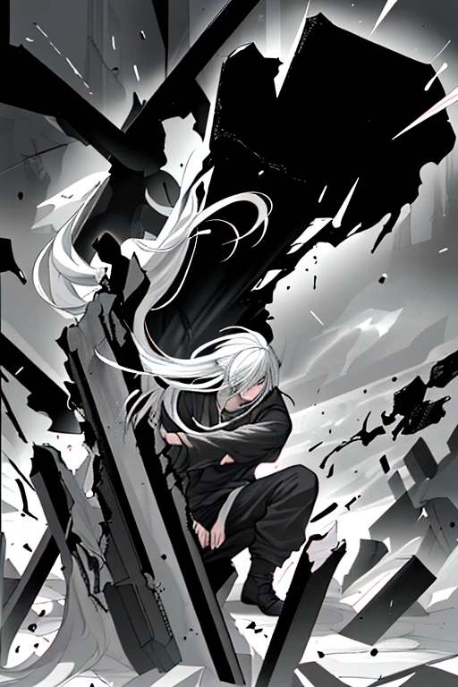 Boy, with long hair, with white hair, black and white, destruction, 4K quality.