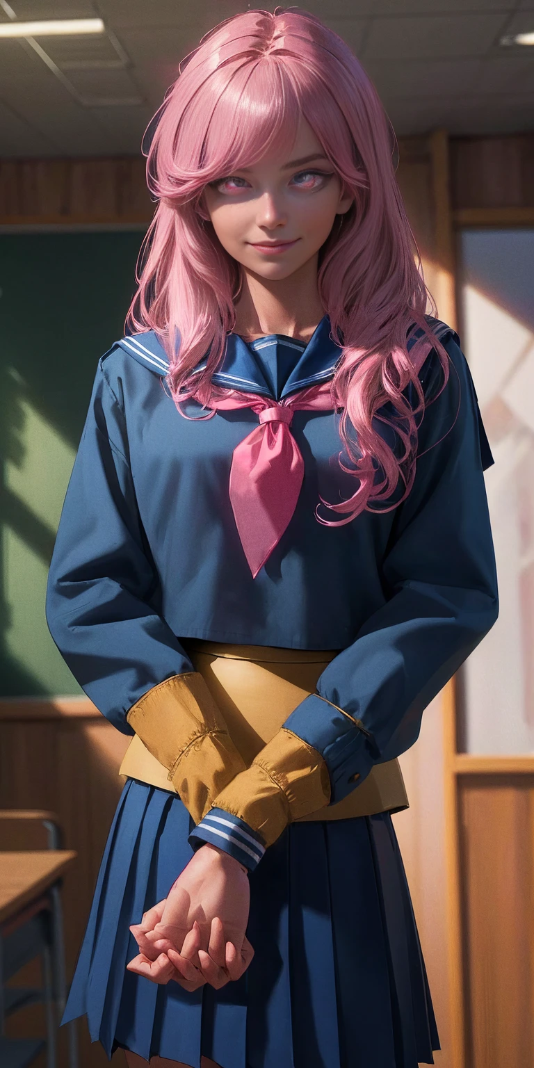 long hair, bangs, pink hair, hair bow, red bow (pink eyes:1.5), smile, shirt, long sleeves, school uniform, sailor collar, neckerchief, yellow neckerchief, shirt, blue shirt, blue sailor collar (blue skirt:1.5), indoors classroom, looking at viewer (cowboy shot:1.5) (masterpiece:1.2) best quality, high resolution, unity 8k wallpaper (illustration:0.8) (beautiful detailed eyes:1.6) extremely detailed face, perfect lighting, extremely detailed CG (perfect hands, perfect anatomy)