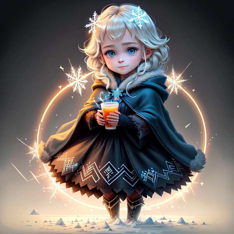 Drink,Around halos and particles,Light Particles,Full body image,nuclear,Heat dissipation,Heavy ions,Cancer ewelry(masterpiece:1.4), (best quality:1.4), (high resolution:1.4). Q version style. Dark Cloak, Dark dress, Elsa of Arendelle, Fur trim, single_Weaving, snowflake_pattern, Smile, snow,