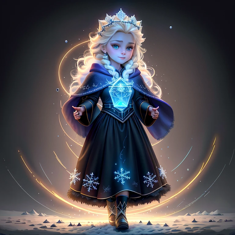 Drink,Around halos and particles,Light Particles,Full body image,nuclear,Heat dissipation,Heavy ions,Cancer ewelry(masterpiece:1.4), (best quality:1.4), (high resolution:1.4). Q version style. Dark Cloak, Dark dress, Elsa of Arendelle, Fur trim, single_Weaving, snowflake_pattern, Smile, snow,