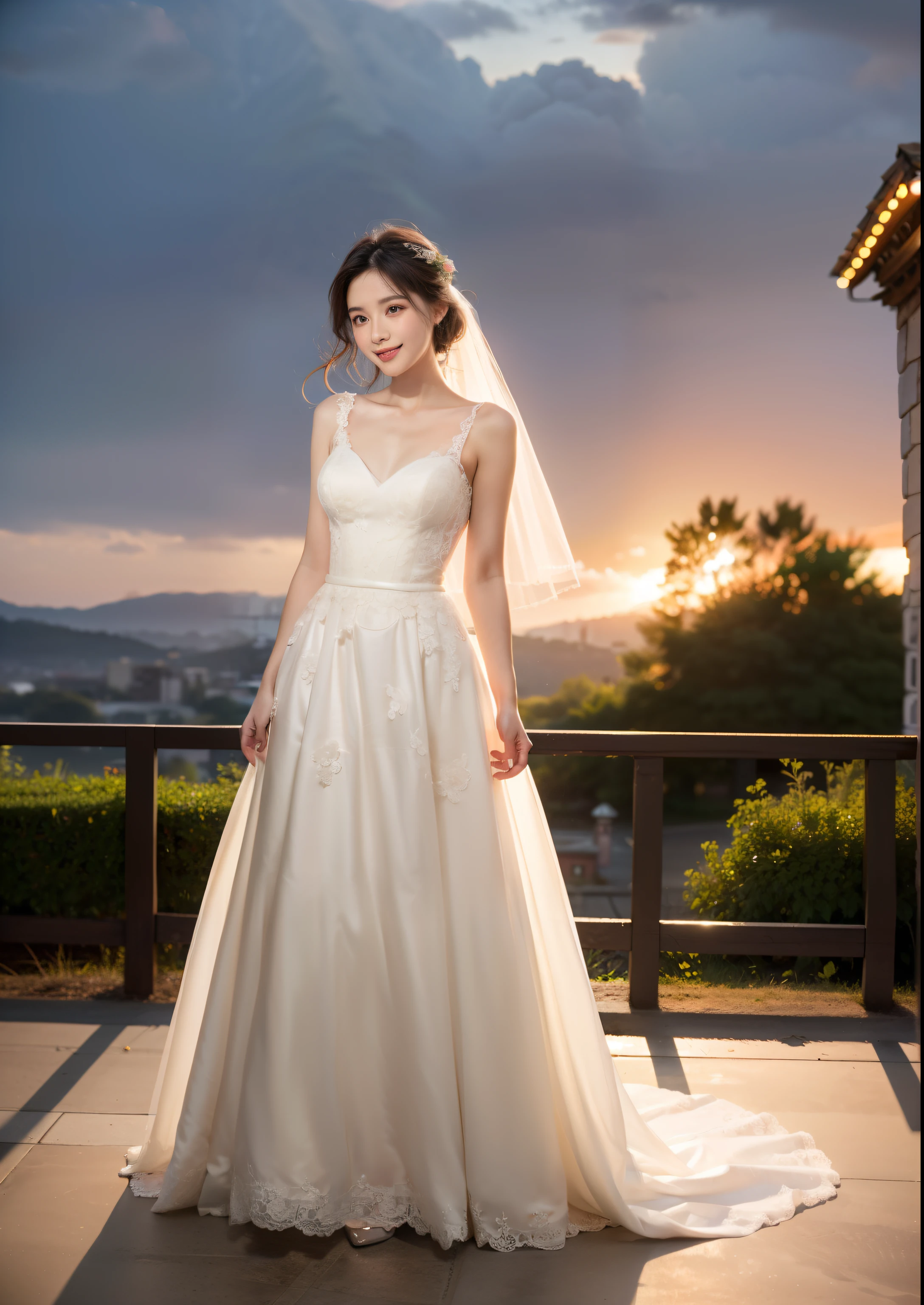 Beautiful 25 year old skinny woman。She is wearing a wedding dress. She is smiling on illuminated by the evening church lights on the romantic sunset time. her dark brown hair. High resolution、masterpiece、highest quality、頭w:1.0、((Hasselblad Photos))、fine skin、(movie lighting)、clavicle . full body picture.