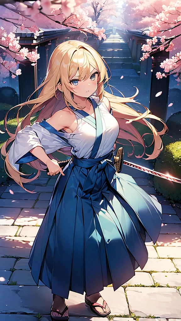 (Masterpiece, Top quality: 1.5) , (holding a katana sword:1.3), dynamic pose, 1 beautiful girl, solo, blond hair, (blue hakama :1.3), off shoulder, long hair, wave hair, (junior high school student:1.2), medium breasts, standard weight, (angry), Beautiful scene of cherry blossom trees, magnificent panorama view, SakuraFubuki:1.2