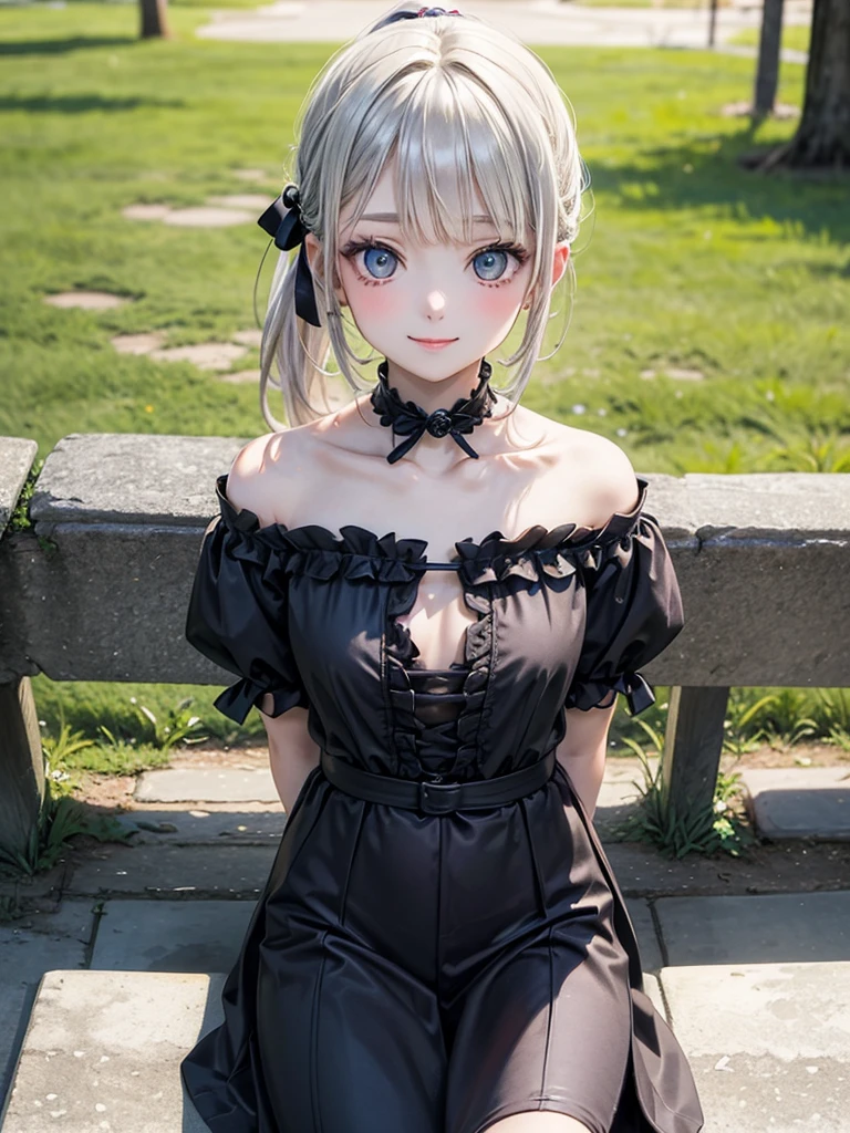 (​masterpiece),(top-quality:1.2),((perfect anatomy)),((arms behind back)),(1 girl),(flat chest),Highest quality,silver ponytail hair,blunt bangs,looking at viewer,beautiful detailed bred eyes,gothic,cowboy shot,anime style,green and tranquility in the park,sitting on bench,from above, beautiful smile,film lighting,depth of written boundary,create an ethereal atmosphere like a dream