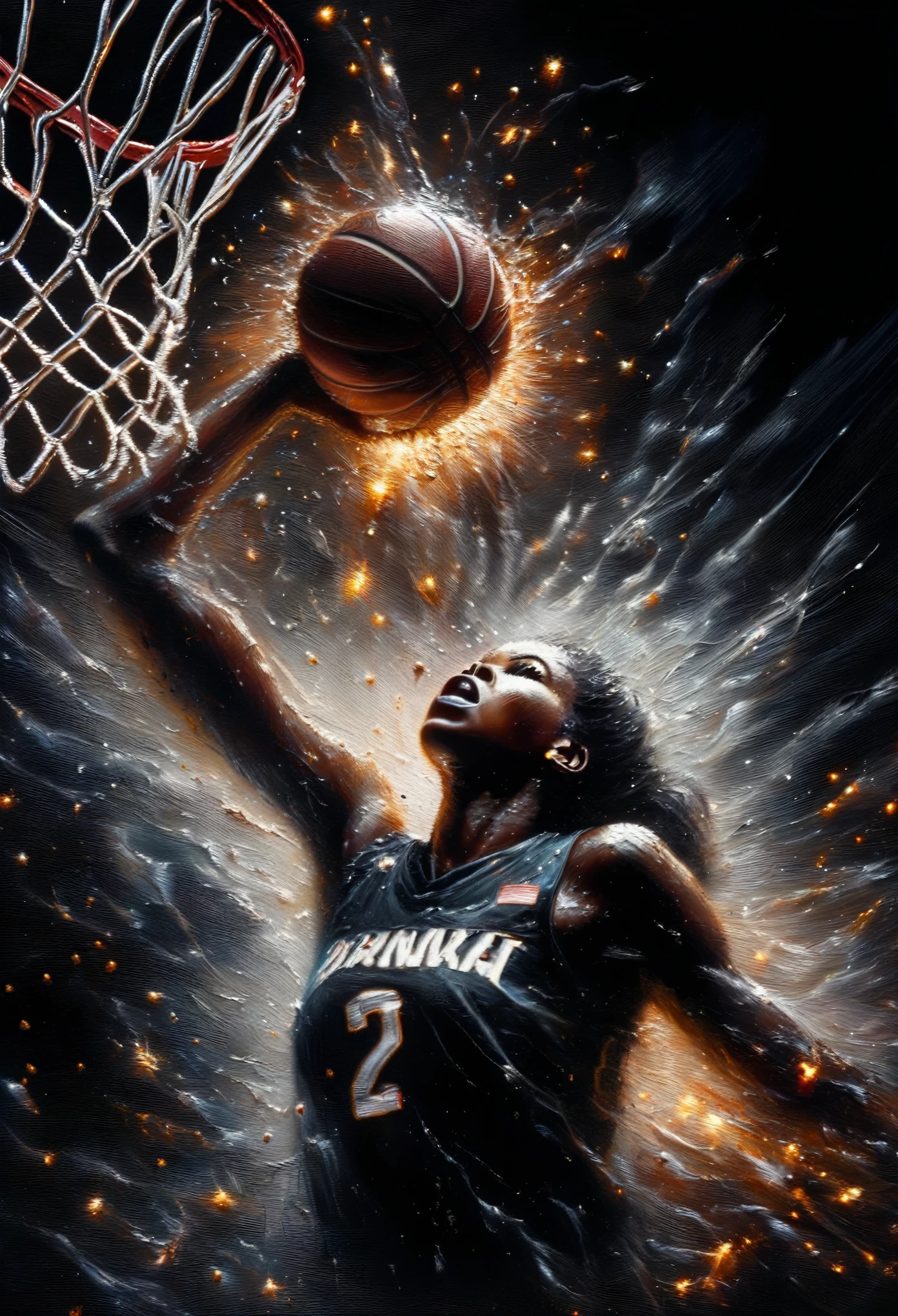 4D portrait of a An expressive oil painting of a black female basketball player dunking the basketball into a net, exploding particles when she dunks, depicted as an explosion of a nebula, Oil Painting, detailed embroidery, Moody chiaroscuro lighting, HD resolution