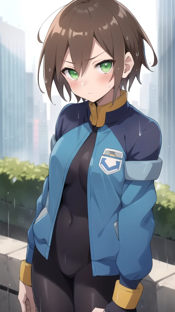 Aile_megamanzx, 1 girl, looking at viewer, Brown hair, green eyes ,City background , Blushed, Wet clothes, Raining 