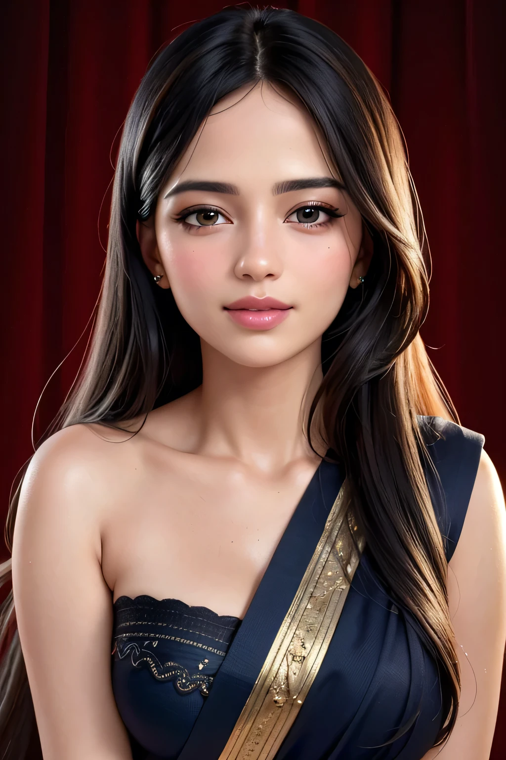 (best quality,4k,8k,highres,masterpiece:1.2),ultra-detailed,(realistic,photorealistic,photo-realistic:1.37),portrait,sexy woman,long straight black hair,detailed eyes,detailed lips,beautiful face,navy blue saree,silver embroidery,seductively gazing,smiling,blushing intensely,perfect body,hot body,vivid colors,studio lighting