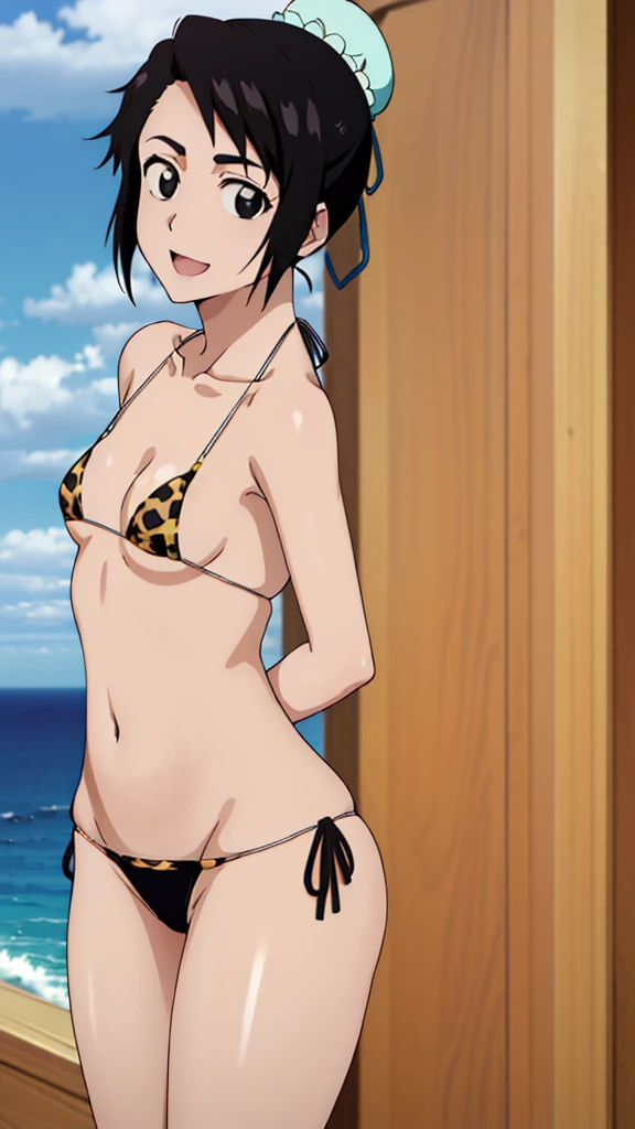 (masterpiece, 4K, highest quality, anime style: 1.9, Detailed face, Lovely, Ocean,Bold Line, High resolution, anime, Lake 4. alone, Curvaceous, Thighs, Cleavage, Mid-chest, smile, Please open your mouth wide, Very slim belly, Cowboy Shot, (Leopard print bikini),1 girl、Shinamori type, Black Hair, Hair Bun, single Hair Bun, Good cover, short hair, (black eye:1.5),Shinamori type,BLEACHanime風,(((Petite,Small breasts,Small face)))