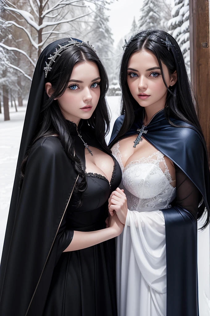 mother and daughter portrait break: mature, evil, middle-age, long black hair and blue eyes, detailed face, beautiful face,cleavage, curvys, tall, chubby, dress with cape, desing with christian cross ,background in snow,break:  girl, evil, teenager(1.3),13 yen girl, very l breats, black hair and blue eyes, detailed face, angelical face,cleavage, small breasts, dress with cape, desing with christian cross ,background in snow, soft lesbian