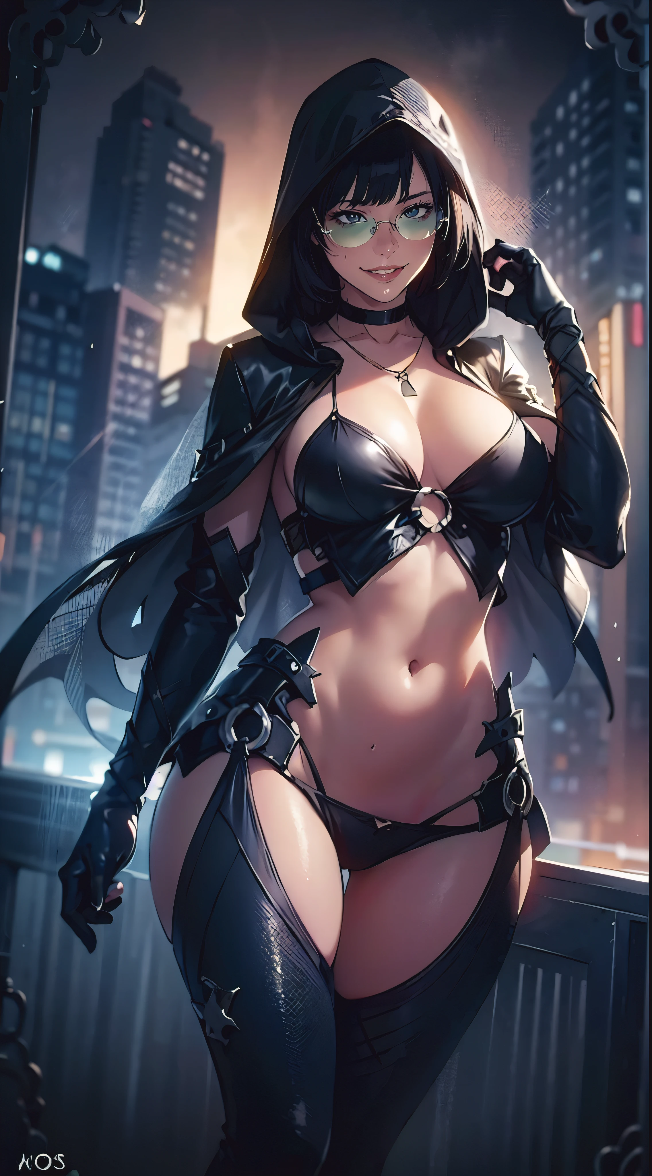 striveIno, medium hair, choker, tinted eyewear, 1girl, breasts, hood, navel, long_hair, solo, red_eyes, rating:safe, cleavage, looking_at_viewer, brown_hair, gloves, necklace, jewelry, thighhighs, smile, veil, large_breasts, elbow_gloves, revealing_clothes, detached_collar, "glow effects, godrays, Hand drawn, render, 8k, octane render, cinema 4d, blender, dark, atmospheric 4k ultra detailed, cinematic, Sharp focus, big depth of field, Masterpiece, colors, 3d octane render, 4k, concept art, trending on artstation, hyperrealistic, Vivid colors, extremely detailed CG unity 8k wallpaper, trending on CGSociety, Intricate, High Detail, dramatic", anime coloring, anime screencap, sweating, steaming body, fog, tinted eyewear, hollow eyes, seductive smile, lips,