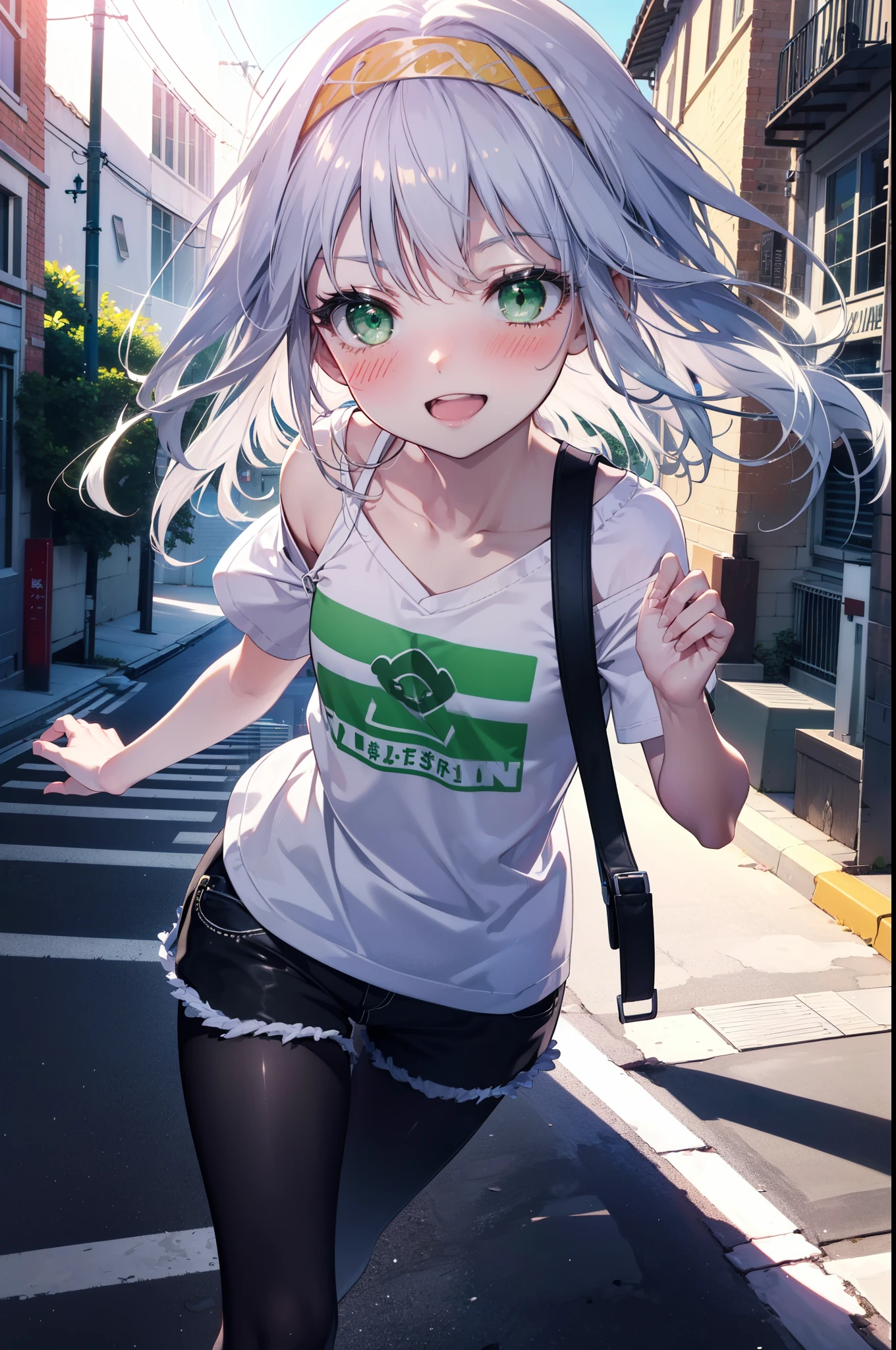 index, index, (Green Eyes:1.5), Silver Hair, Long Hair, (Flat Chest:1.2),happy smile, smile, Open your mouth,blush,hair band,Cordo shoulder top,Short sleeve,Shorts,Black tights,High-top sneakers,Daytime,Clear skies,whole bodyがイラストに入るように,Walking,
break looking at viewer, whole body,
break outdoors, In town,Building district,
break (masterpiece:1.2), highest quality, High resolution, unity 8k wallpaper, (figure:0.8), (Beautiful fine details:1.6), Highly detailed face, Perfect lighting, Highly detailed CG, (Perfect hands, Perfect Anatomy),