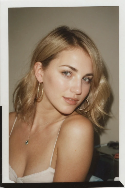  25 year old girl, (Kaley Cuoco:0.8), (Camilla Belle:0.9), (eugenie bouchard), beauty, beautiful girl, seductive smirk, hoop earrings, a wire thin necklace, wire thin bracelets, in dorm room,wind blown hair,((polaroid 600 instant camera)),voyeur photography