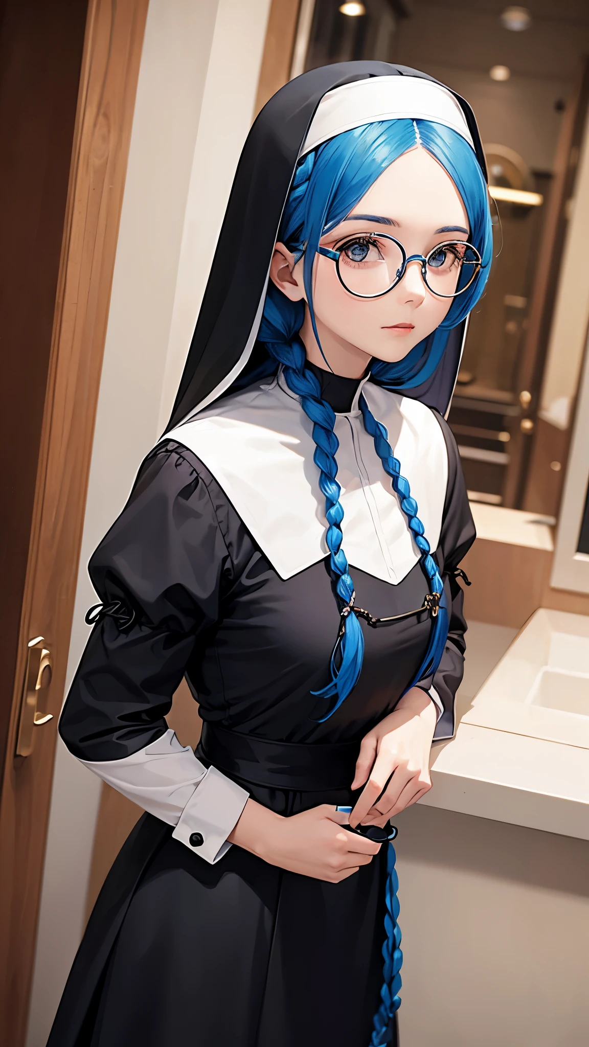 Woman wearing round frame glasses Blue Hair Her hair is braided in the front nun