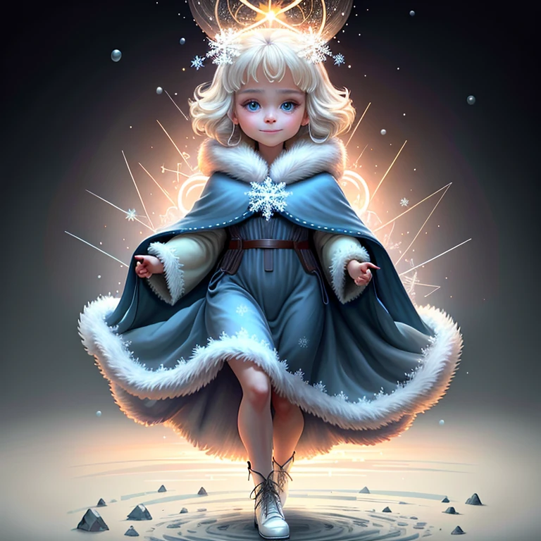 Around halos and particles，Light Particles，Full body image，nuclear，Heat dissipation，Heavy ions, (high resolution:1.4). Q version style. cloak, dress, Elsa of Arendelle, Fur trim, single_Weaving, snowflake_pattern, Smile, snow,