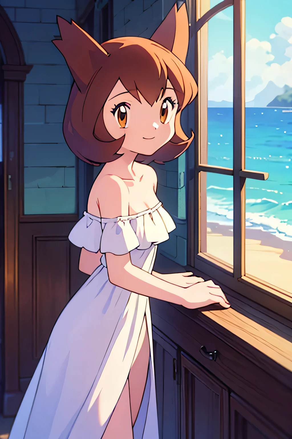 masterpiece, best quality, ultra-detailed, illustration, beautiful detailed eyes, very detailed illustration, cinematic lighting, 1 girl, solo, Pokemon Heroes (Bianca), Brown Hair, brown eyes, bare shoulders, strapless, off shoulders, white ruffle off the shoulder top, white maxi dress, intricate details, sharp focus, high resolution, standing at the edge of the windowsill, The windowsill has an arched top and is divided into panes, with one side partially open, revealing a view of ocean and the beach view. anime style, ultra-detailed, hdr, far at the bottom, in the center, Close up, light smile, arms at side