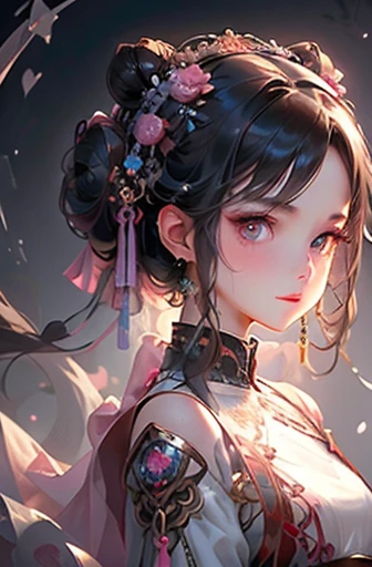 tmasterpiece，high resolution，((Magic Orb))，dynamic portrait the beautiful and delicate aristocratic maiden，the dark brown hair in a sophisticated bun, gorgeous gray-blue eyes giving an appraising look, a mysterious look, a gentle smile, pale skin, bare arms, cybernetic hanfu, techno-punk, low-cut blouse, pale pink ribbons