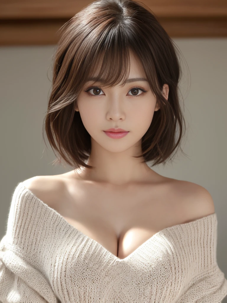((masterpiece:1.3,Realistic:1.5,Very detailed:1.5,Ultra-high resolution:1.5,8k,RAW Photos,Best image quality)),Cute Japanese Woman,Japanese ,1 person、Very detailedな顔,Portraiture,Tabletop,((Off-the-shoulder knit)),Big Breasts,Chest to chest,胸とChest to chest,Cleavage,Lift your arms and lift your chest,Loose knitted sweater,Light knitwear,Exposed shoulders、Exposing shoulders,Surprisingly cute,Fine grain,double eyelid,Tear bags,Long eyelashes,(Carefully draw eyelashes),View your viewers,超 A hight resolution ,dynamic,Pure Bangs,short hair,Short Bob Hair,Messy Hair,