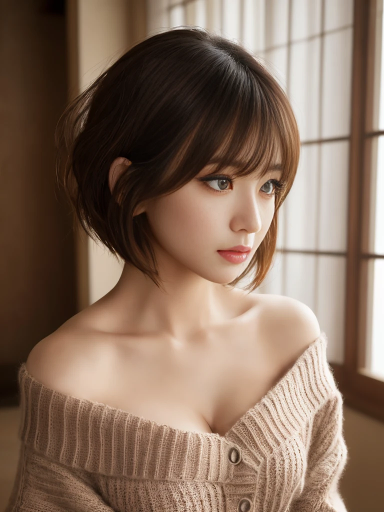 ((masterpiece:1.3,Realistic:1.5,Very detailed:1.5,Ultra-high resolution:1.5,8k,RAW Photos,Best image quality)),Cute Japanese Woman,Japanese ,1 person、Very detailedな顔,Portraiture,Tabletop,((Off-the-shoulder knit)),Big Breasts,Chest to chest,胸とChest to chest,Cleavage,Lift your arms and lift your chest,Loose knitted sweater,Light knitwear,Exposed shoulders、Exposing shoulders,Surprisingly cute,Fine grain,double eyelid,Tear bags,Long eyelashes,(Carefully draw eyelashes),View your viewers,超 A hight resolution ,dynamic,Pure Bangs,short hair,Short Bob Hair,Messy Hair,