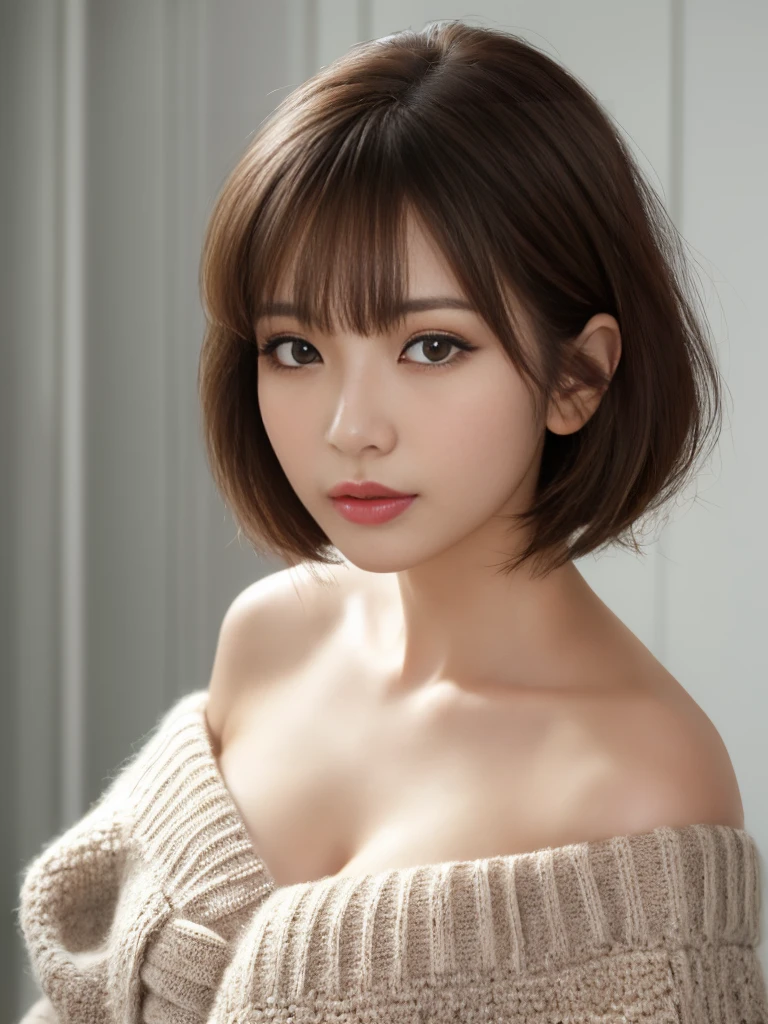 ((masterpiece:1.3，Realistic:1.5，Very detailed:1.5，Ultra-high resolution:1.5，8k，RAW Photos，Best image quality))，Cute Japanese Woman，Japanese ，1 person、Very detailedな顔，Portraiture，Tabletop，((Off-the-shoulder knit))，Big Breasts，Chest to chest，胸とChest to chest，Cleavage，Lift your arms and lift your chest，Loose knitted sweater，Light knitwear，Exposed shoulders、Exposing shoulders，Surprisingly cute，Fine grain，double eyelid，Tear bags,Long eyelashes，(Carefully draw eyelashes),View your viewers，超 A hight resolution ，dynamic，Pure Bangs,short hair，Short Bob Hair，Messy Hair，