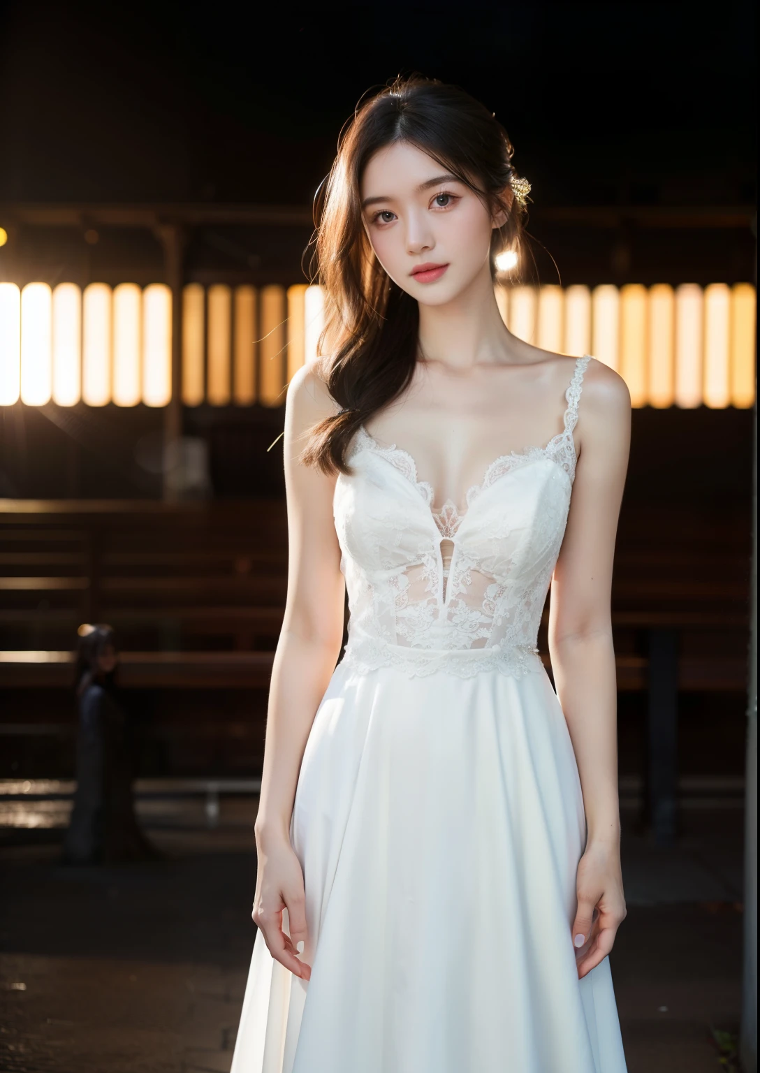 Beautiful 25 year old  skinny woman。She is wearing a wedding dress. She is smiling on illuminated by the evening church lights on the romantic sunset time.  her dark brown hair. High resolution、masterpiece、highest quality、頭w:1.0、((Hasselblad Photos))、fine skin、(movie lighting)、clavicle . full body picture.