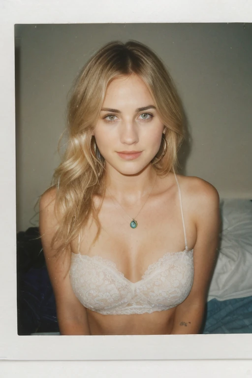  25 year old girl, (Kaley Cuoco:0.8), (Camilla Belle:0.9), (eugenie bouchard), beauty, beautiful girl, seductive smirk, hoop earrings, a wire thin necklace, wire thin bracelets, in dorm room,wind blown hair,((polaroid 600 instant camera)),voyeur photography