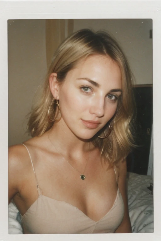  25 year old girl, (Kaley Cuoco:0.8), (Camilla Belle:0.9), (eugenie bouchard), beauty, beautiful girl, seductive smirk, hoop earrings, a wire thin necklace, wire thin bracelets, in dorm room,wind blown hair,((polaroid 600 instant camera)),voyeur photography