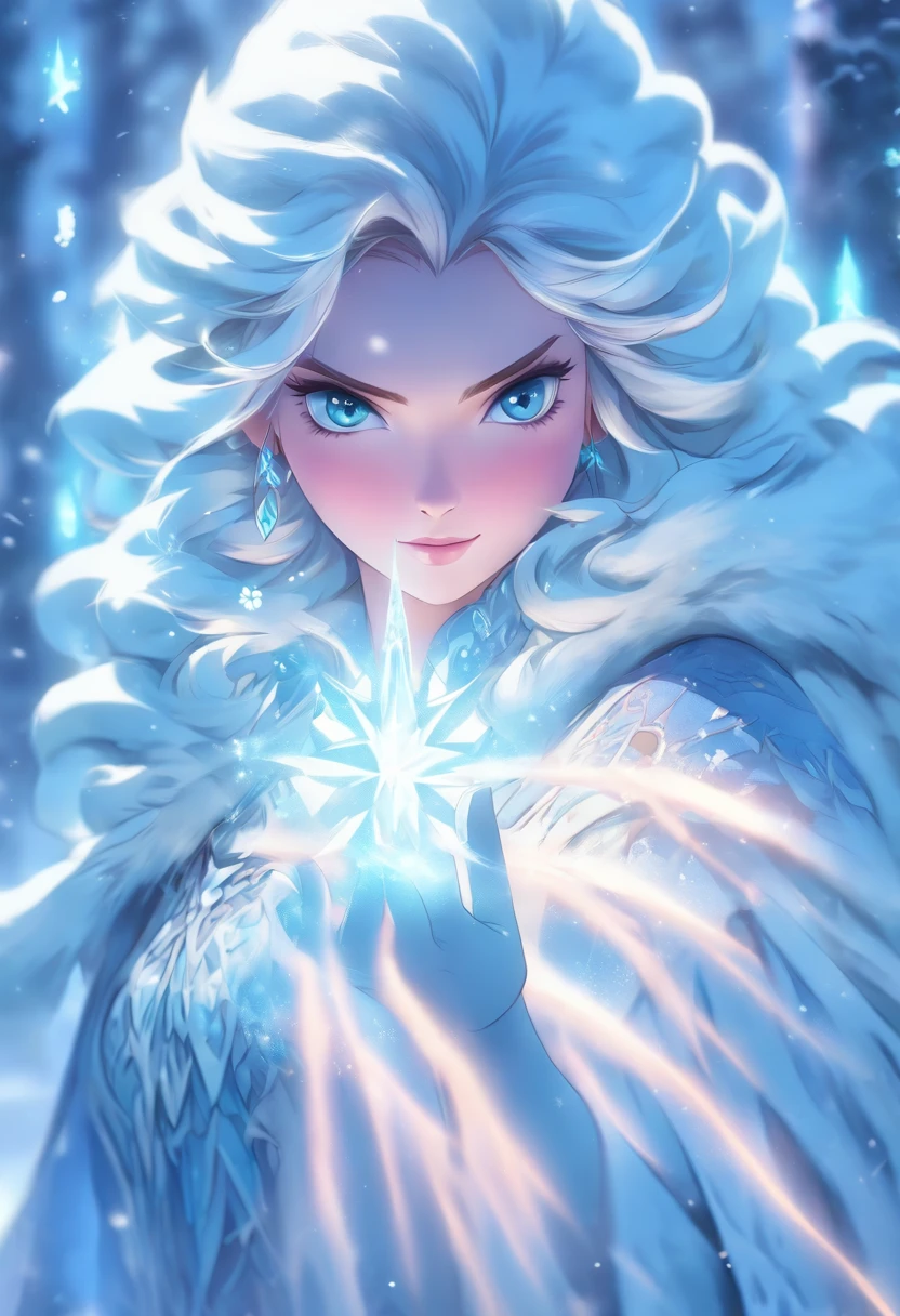 crystal maiden, The power of ice, Flowing robe, Detailed snowflake pattern, Ethereal Beauty, Delicate hands and face, Sparkling ice blue eyes, Long silver hair, Cold Breath, frost covered landscape, Frozen trees, flashing northern lights, Magical ice and snow castle, Snowy Owl, Winter Wonderland, portrait, Cool color palette, Soft natural lighting