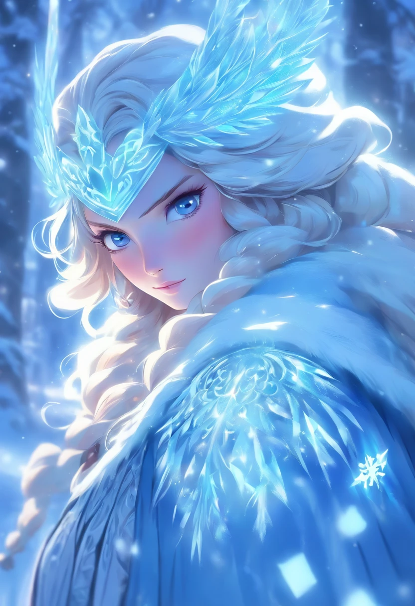 crystal maiden, The power of ice, Flowing robe, Detailed snowflake pattern, Ethereal Beauty, Delicate hands and face, Sparkling ice blue eyes, Long silver hair, Cold Breath, frost covered landscape, Frozen trees, flashing northern lights, Magical ice and snow castle, Snowy Owl, Winter Wonderland, portrait, Cool color palette, Soft natural lighting