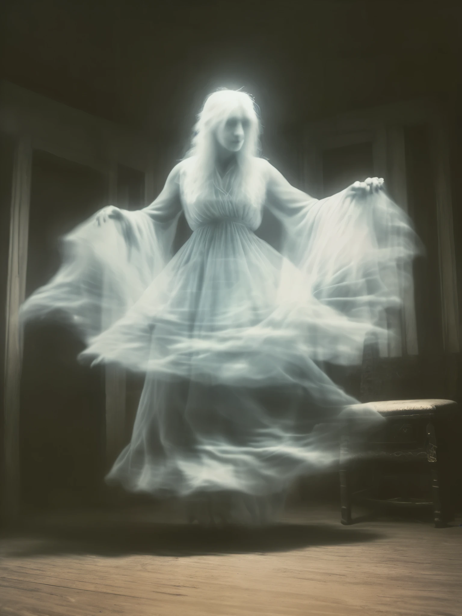 A ghost of a woman in a dress is dancing