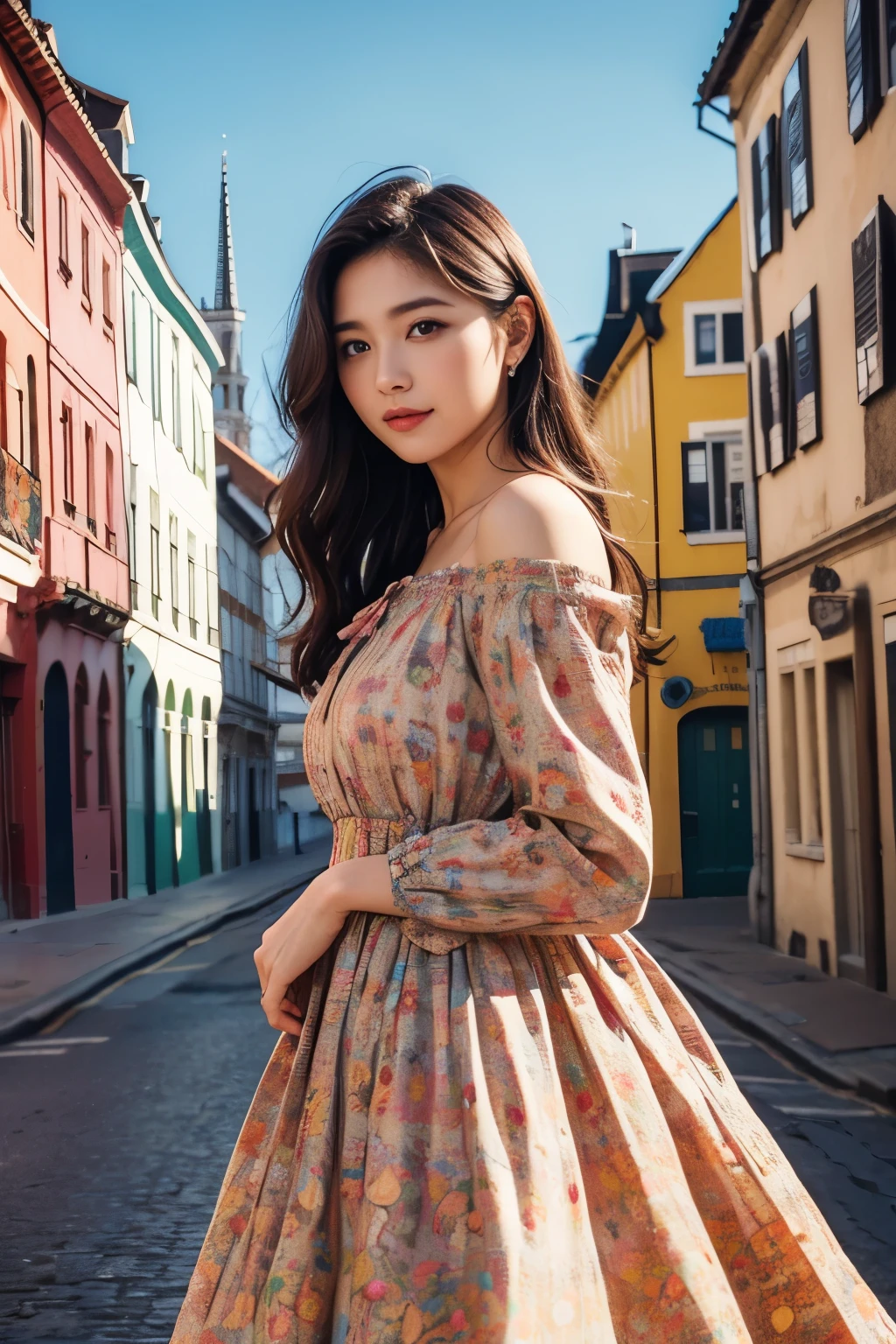 Beautiful woman wearing a European pattern dress among colorful buildings, magazine pose, (Highly detailed facial expressions),