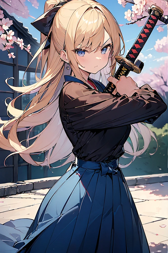 (Masterpiece, Top quality: 1.5) , (holding a katana sword:1.3),  dynamic pose, 1 beautiful girl, solo, blond hair,  (blue hakama :1.3), off shoulder, long hair, wave hair, (:1.2), medium breasts, standard weight, (angry), Beautiful scene of cherry blossom trees, magnificent panorama view, SakuraFubuki:1.2