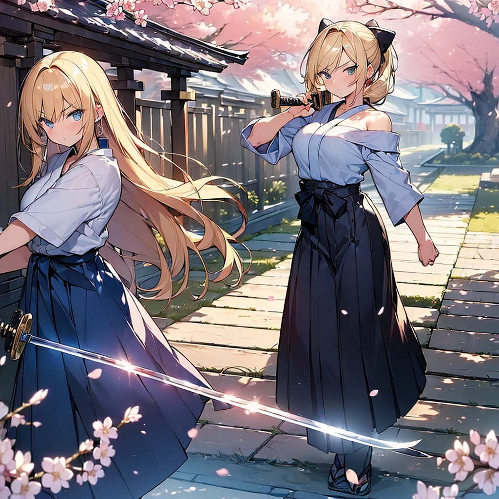 (Masterpiece, Top quality: 1.5) , (holding a katana sword:1.3), dynamic pose, 1 beautiful girl, solo, blond hair, (blue hakama :1.3), off shoulder, long hair, wave hair, (junior high school student:1.2), medium breasts, standard weight, (angry), Beautiful scene of cherry blossom trees, magnificent panorama view, SakuraFubuki:1.2