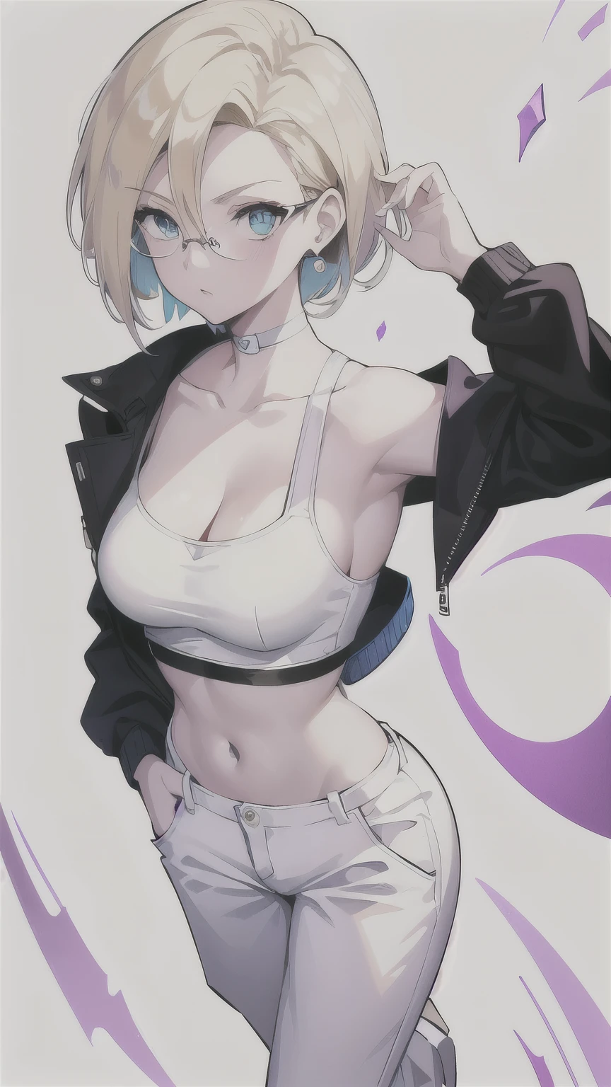 masterpiece,(best quality),(1girl) ,solo, Android 18 from Dragon Ball,(high contrast:1.2),(high saturation:1.2), ((hands on the pocket)),collarbone, cleavage, ((black one-shoulder crop camisole)), off-shoulders track jacket, cropped jacket, midriff-baring, navel, ((white baggy pants)),looking at viewer,((white and light purple theme:1.3)),((white and light purple background:1.5)), small breasts, short blonde hair, ((blue eyes:1.5)), (wearing glasses),((walking:1.3)),full body, black footwear,((the light purple water on sky and white cloud and day)),((from above:1.2)),earrings on earlobes, slender feminine figure, narrow waistline, skinny body,
(magazine:1.3), (cover-style:1.3), fashionable, woman, vibrant, outfit, posing, front, colorful, dynamic, background, elements, confident, expression, holding, statement, accessory, majestic, coiled, around, touch, scene, attention-grabbing, stylish, striking, modern, trendy, focus, fashion