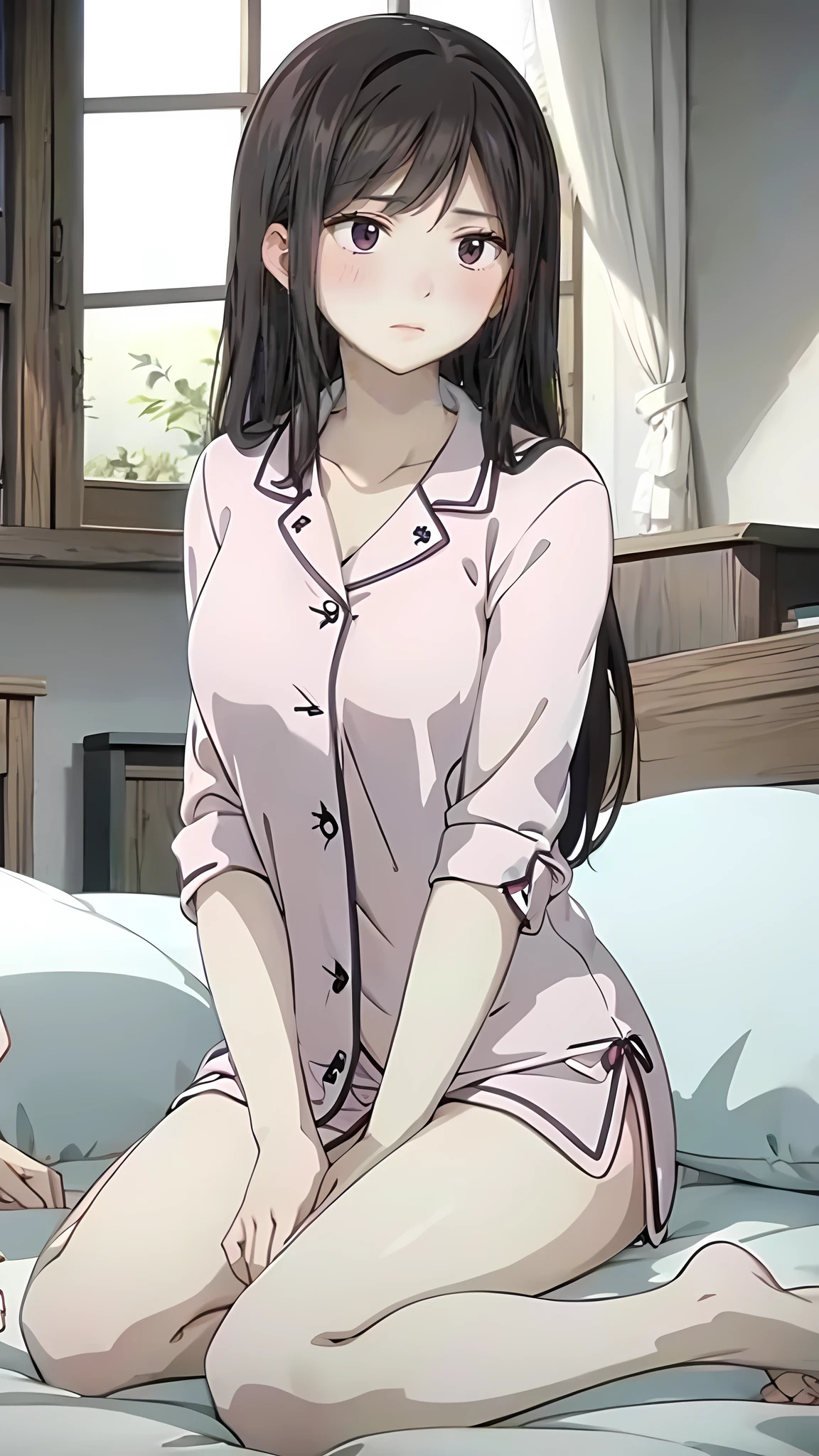 Beautiful long hair wife with pajama 