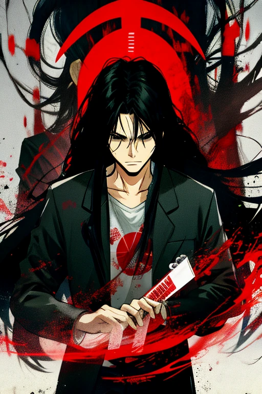 (Best quality, movie poster style), The guy with the long hair, black hair: 1.2), (Outstanding Mystery Writer: 1.1), The perfect combination of elements.