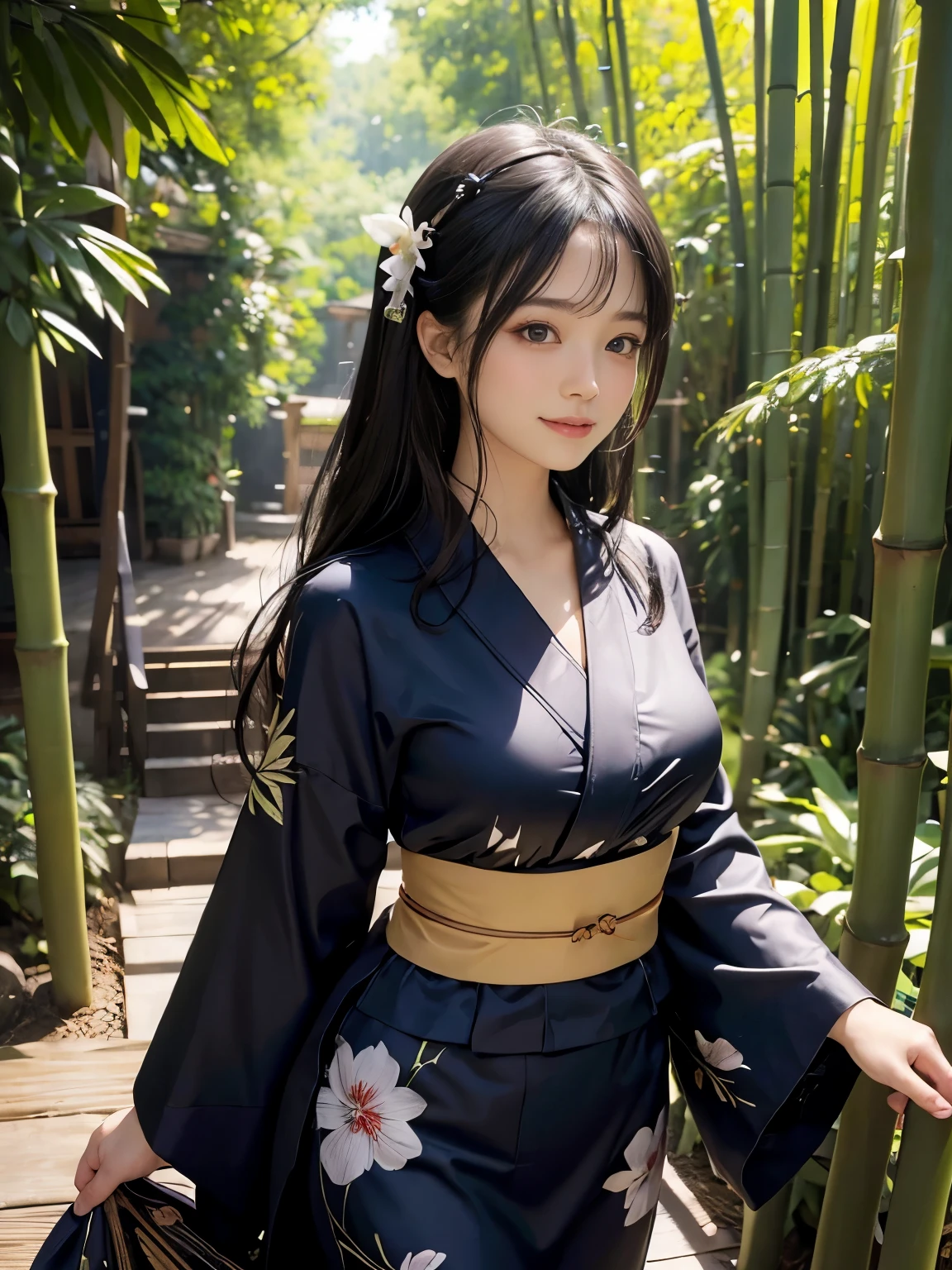 (ultra realistic) , (illustration), (increase resolution), (8K), (extremely detailed), (best illustration), (beautiful detailed eyes), (best quality), (ultra-detailed), (masterpiece), (wallpaper), (detailed face), solo,1 girl, looking at viewers, black straight hair, plump breasts, delicate details, in the dark, deep shadow, low key, pureerosfaceace_v1, happy smile, Summer Yukata, full body, bamboo forest