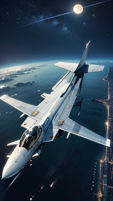 PHOTOREALISTIC, masterpiece, best quality, highres, fighter jet flying at low altitude, ruined city scenery, night sky with visible moon