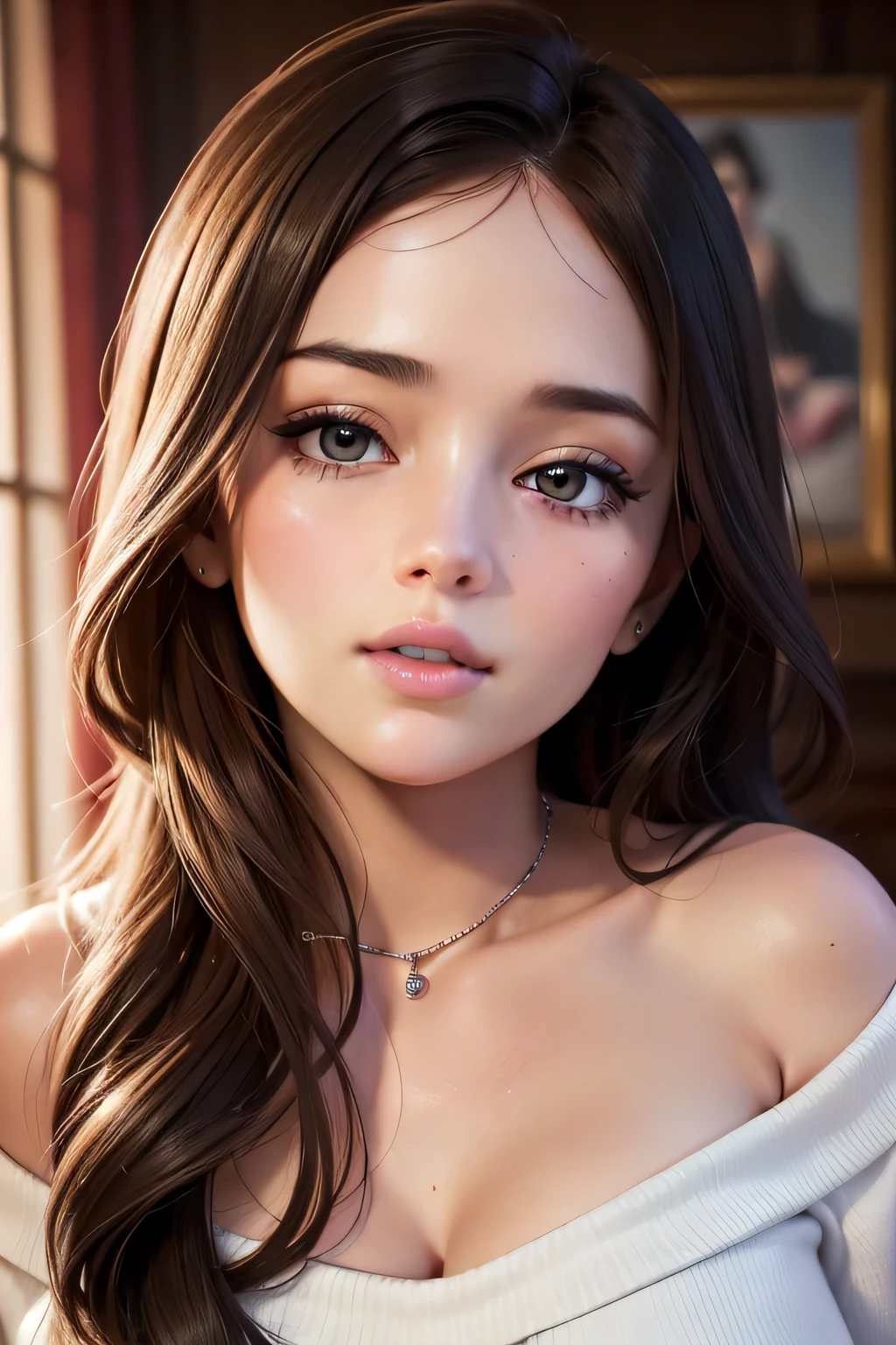 (best quality, highres, ultra-detailed:1.2), (beautiful, stunning, breathtaking) portrait, (gorgeous, mesmerizing, captivating) sexy woman with a (striking, flawless) face, (long, flowing) black wavy hair cascading down her shoulders, featuring a (prominent, elegant) big forehead and (charming, alluring) seductive eyes. Her eyes are (beautifully detailed, mesmerizingly intense), with (sparkling, vibrant) color and (long, thick) eyelashes that frame them perfectly. Her nose is of medium size, adding to her overall attractiveness. The focal point of her face is her (plump, luscious) lips, which are (voluptuous, kissable) and commanding attention. Adding a touch of romance to her fair glowing skin, she has a deep pink blush on her cheeks, which enhances her natural beauty.
She is wearing a pink oversized off-shoulder t-shirt, revealing her bare shoulders, exuding elegance and femininity. The t-shirt highlights her medium-sized chest, with a subtle hint of cleavage, adding a hint of allure to the composition.
The image quality is of the highest standard, featuring (best quality, high-resolution, ultra-detailed) rendering to capture every intricate detail. The final result is (realistic, photorealistic:1.37), bringing the artwork to life, as if it could jump off the canvas. The lighting is softly focused, illuminating her face and emphasizing the depth and dimension of the overall composition.
The artwork beautifully embodies a portrait stylized in a (classic, traditional) fashion, capturing the essence of timeless beauty. The color palette leans towards soft, feminine tones, with a delicate mix of pinks and neutrals, creating an atmosphere of elegance and sophistication. The lighting, with a gentle glow, adds a touch of warmth and intimacy to the scene, enhancing the overall ambiance.