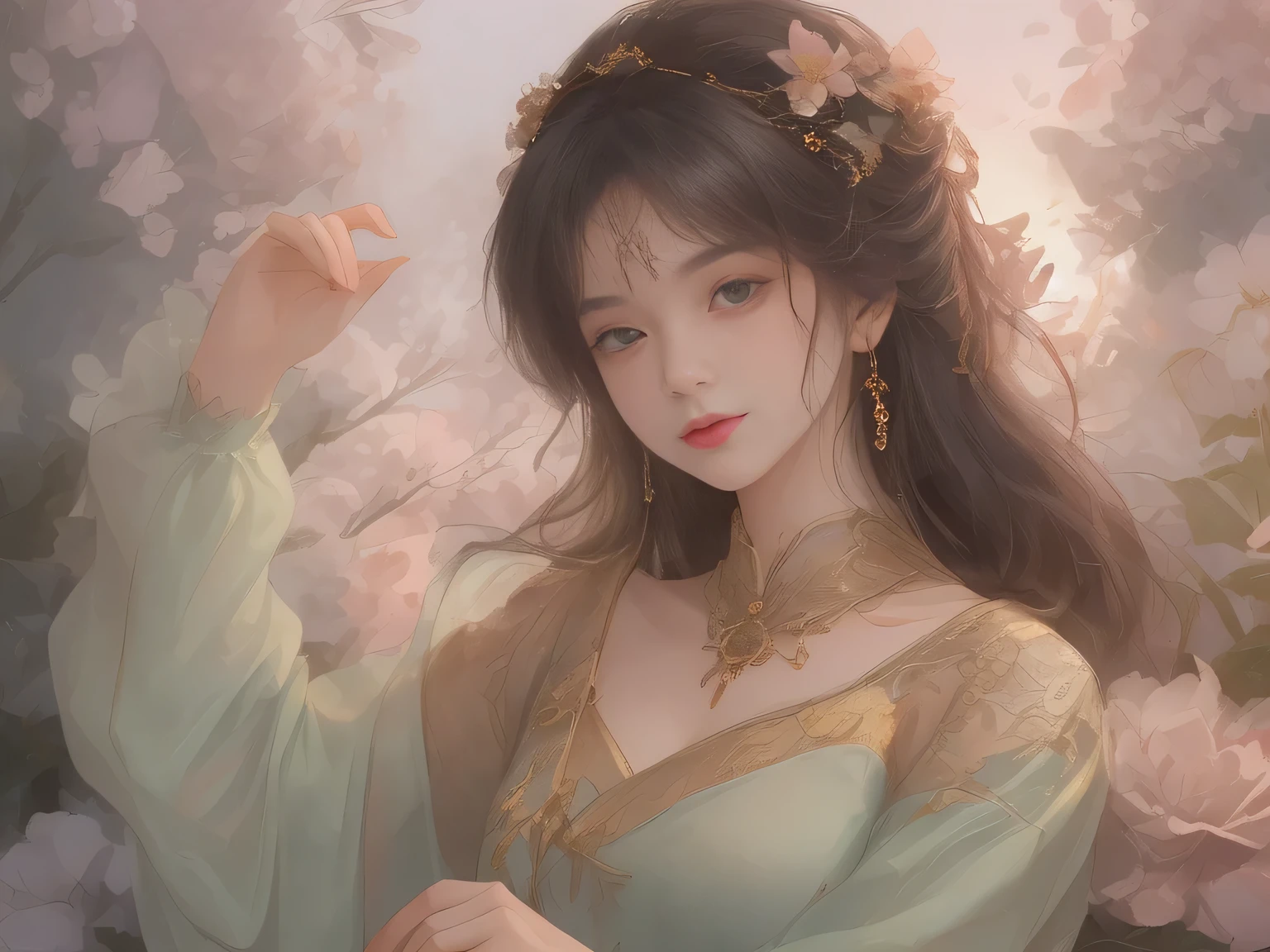 (Best quality:1.2,Masterpiece:1.2,A high resolution,1 girl,Chinese dress,Delicate hair accessories,Floral decoration,Stunning necklace,Exquisite jewelry,Gentle complexion,Detailed body,Bokeh effect,Realistic Shading,Studio lighting,twotonelighting,High-resolution skin texture:1.2,8K Ultra HD,digital camera,Soft lighting,professional render,voluminetric lighting,Sincere expression,sportrait,high resolution,4K,Blurred background)