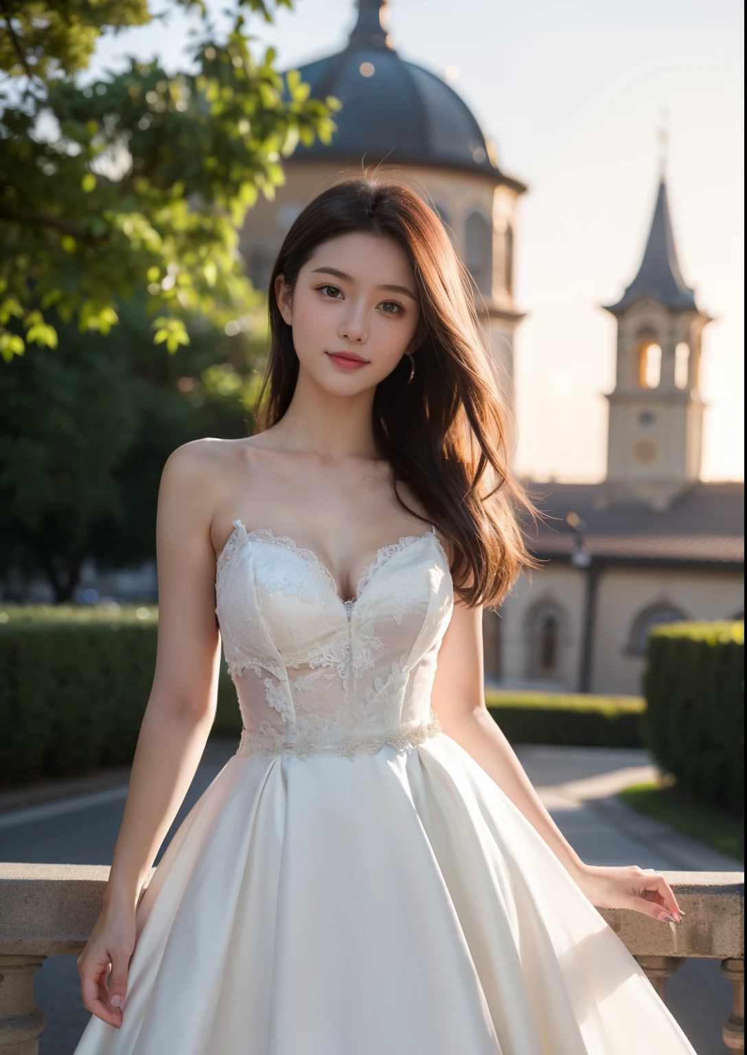 Beautiful 25 year old skinny woman。She is wearing a wedding dress. She is smiling on illuminated by the evening church lights on the romantic sunset time. her dark brown hair. High resolution、masterpiece、highest quality、頭w:1.0、((Hasselblad Photos))、fine skin、(movie lighting)、clavicle . full body picture.